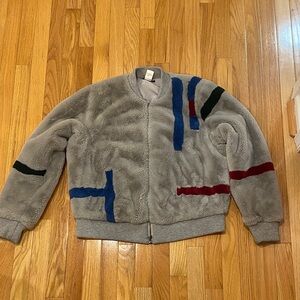 Gray Fleece Bomber Jacket with Color Block Accents